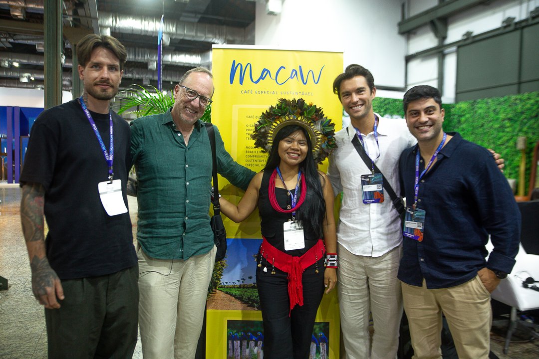 The Macaw team with Celeste Suruí at the branded stand, Rio Innovation Week