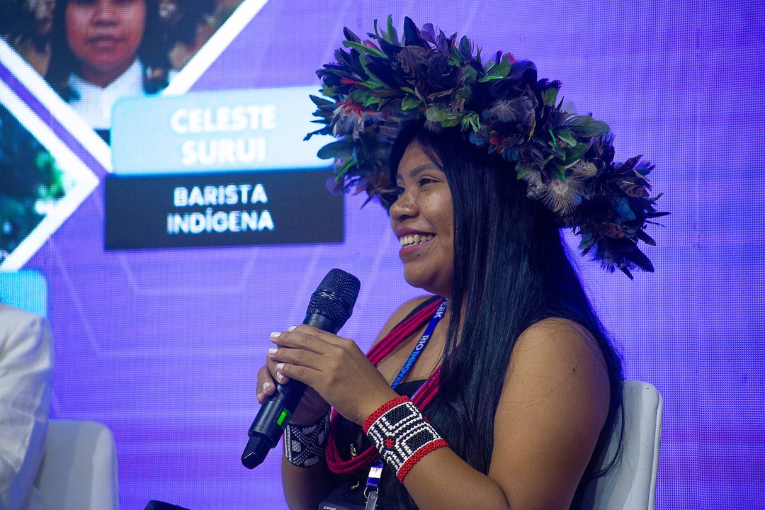 Celeste Suruí speaking on the panel